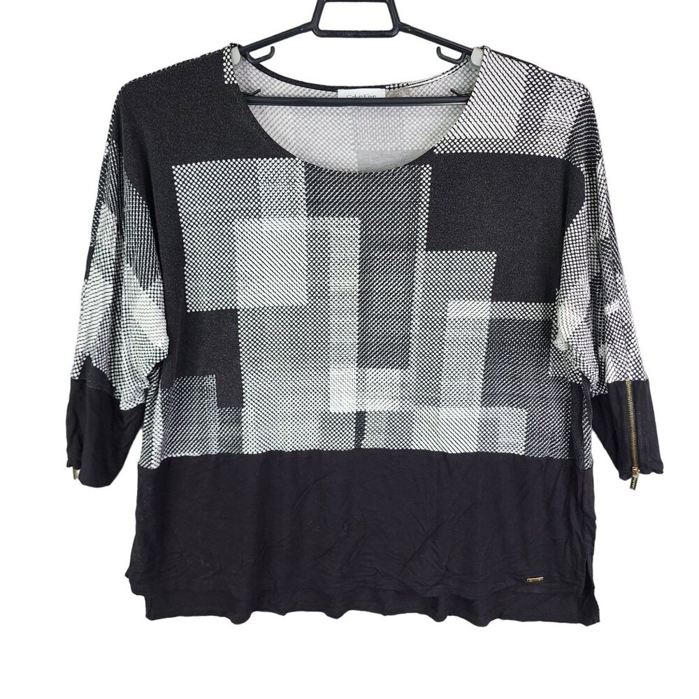 Womens Calvin Klein Geometric Print Top Blouse 3/4 Sleeve Round Neck Size 2X